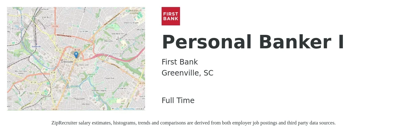 First Bank job posting for a Personal Banker I in Greenville, SC with a salary of $17 to $21 Hourly with a map of Greenville location.