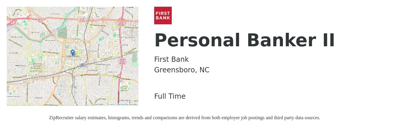 First Bank job posting for a Personal Banker II in Greensboro, NC with a salary of $19 to $23 Hourly with a map of Greensboro location.