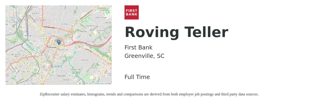 First Bank job posting for a Roving Teller in Greenville, SC with a salary of $14 to $18 Hourly with a map of Greenville location.