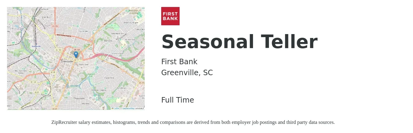 First Bank job posting for a Seasonal Teller in Greenville, SC with a salary of $14 to $18 Hourly with a map of Greenville location.