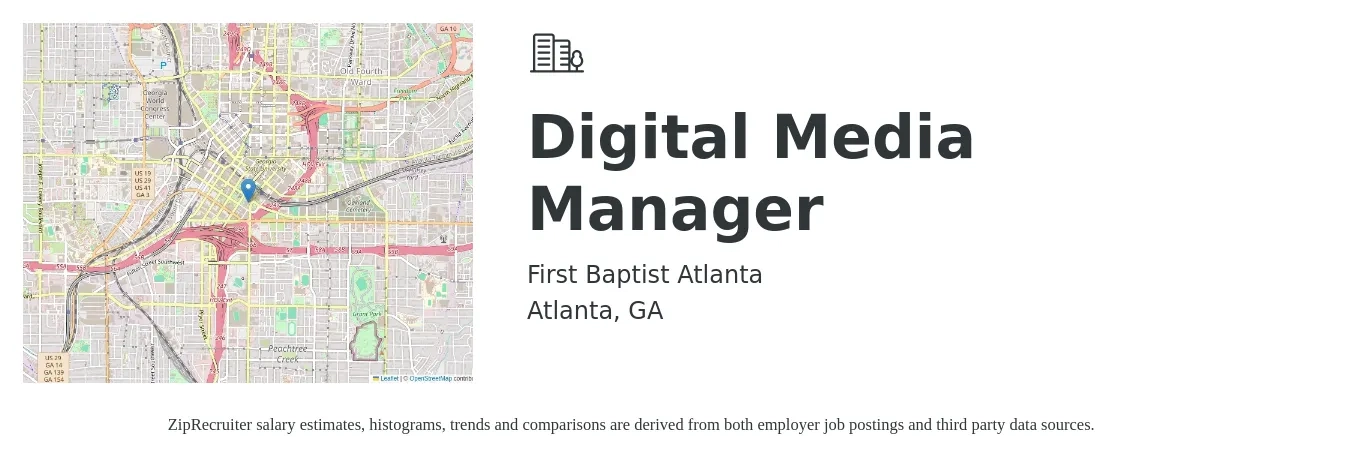First Baptist Atlanta job posting for a Digital Media Manager in Atlanta, GA with a salary of $87,800 to $113,800 Yearly with a map of Atlanta location.