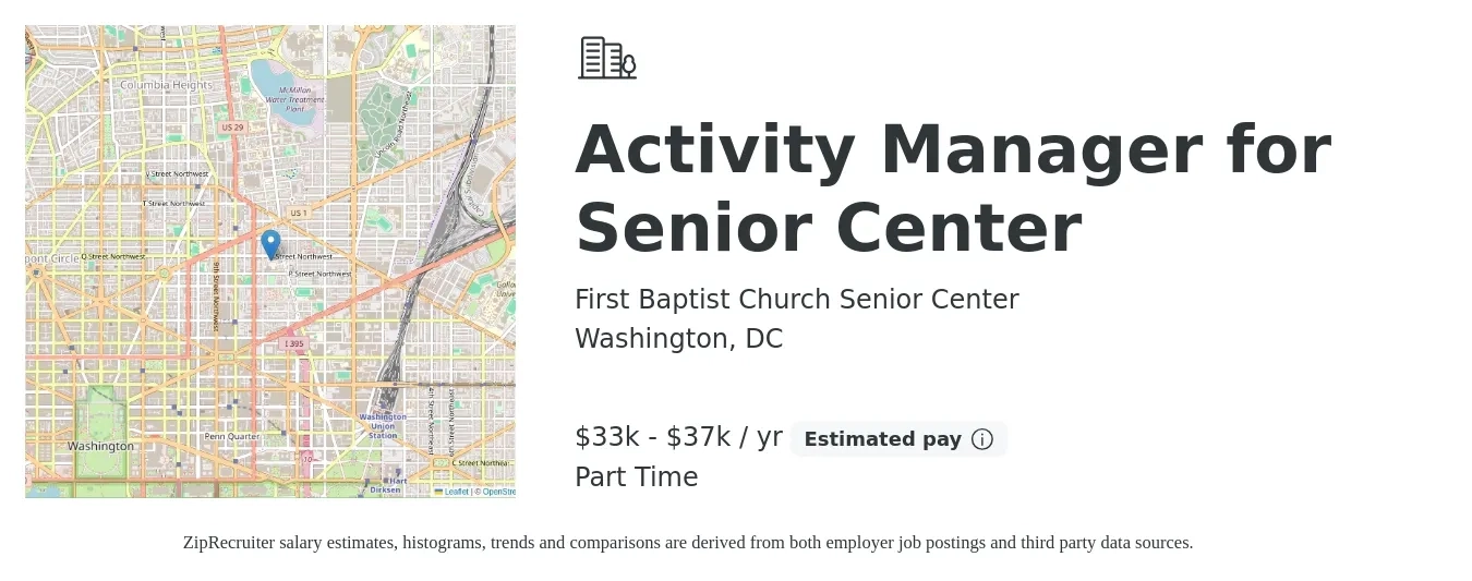 First Baptist Church Senior Center job posting for a Activity Manager for Senior Center in Washington, DC with a salary of $33,200 to $37,000 Yearly with a map of Washington location.