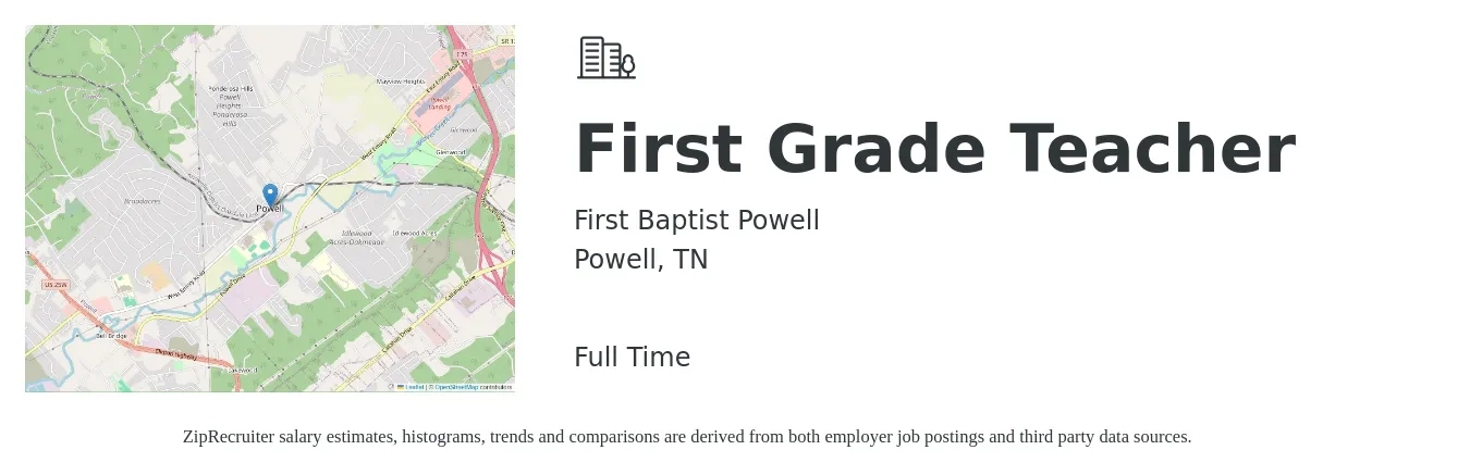 First Baptist Powell job posting for a First Grade Teacher in Powell, TN with a salary of $32,000 to $36,000 Yearly with a map of Powell location.
