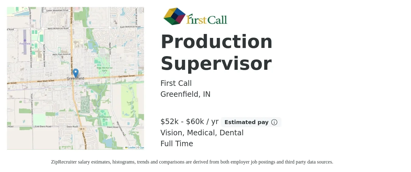First Call job posting for a Production Supervisor in Greenfield, IN with a salary of $52,000 to $60,000 Yearly and benefits including retirement, vision, dental, life_insurance, and medical with a map of Greenfield location.