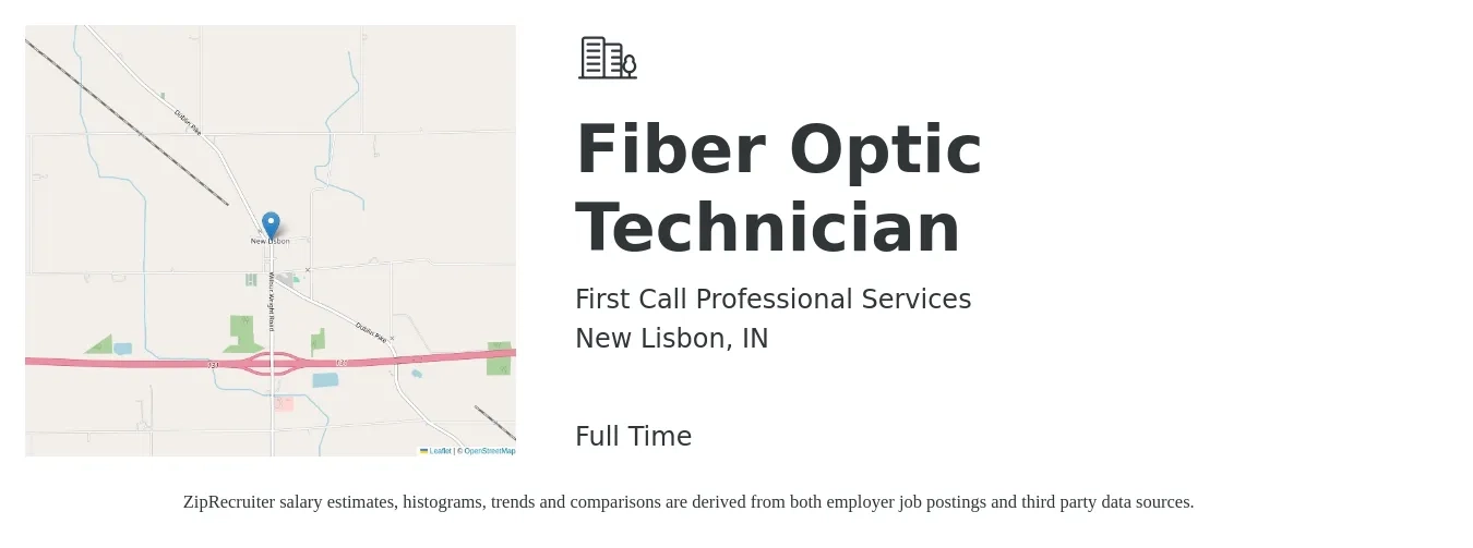 First Call Professional Services job posting for a Fiber Optic Technician in New Lisbon, IN with a salary of $22 to $32 Hourly with a map of New Lisbon location.