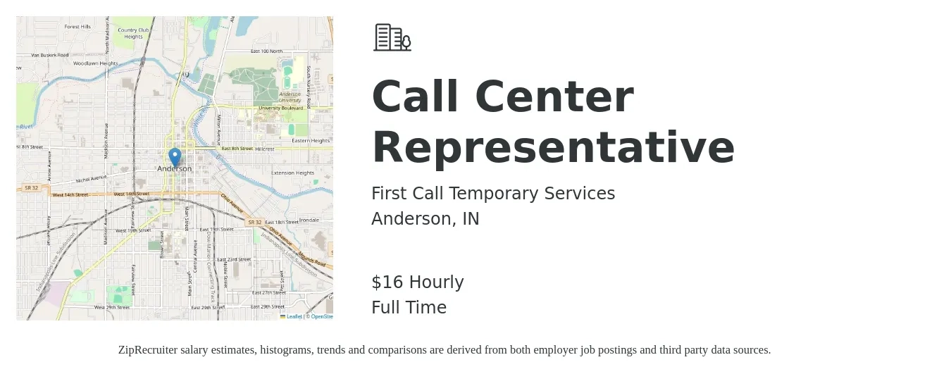 First Call Temporary Services job posting for a Call Center Representative in Anderson, IN with a salary of $17 Hourly with a map of Anderson location.