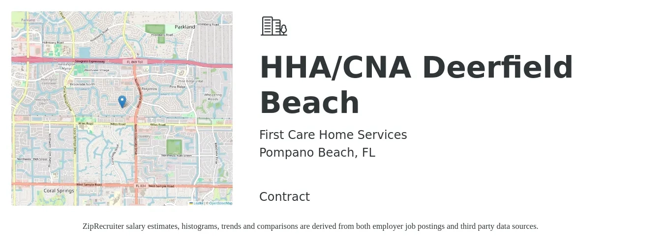 First Care Home Services job posting for a HHA/CNA Deerfield Beach in Pompano Beach, FL with a salary of $14 to $19 Hourly with a map of Pompano Beach location.