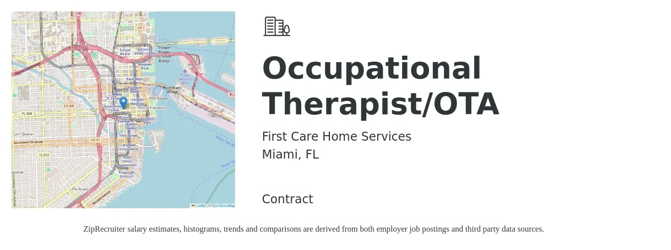 First Care Home Services job posting for a Occupational Therapist/OTA in Miami, FL with a salary of $25 to $34 Hourly with a map of Miami location.