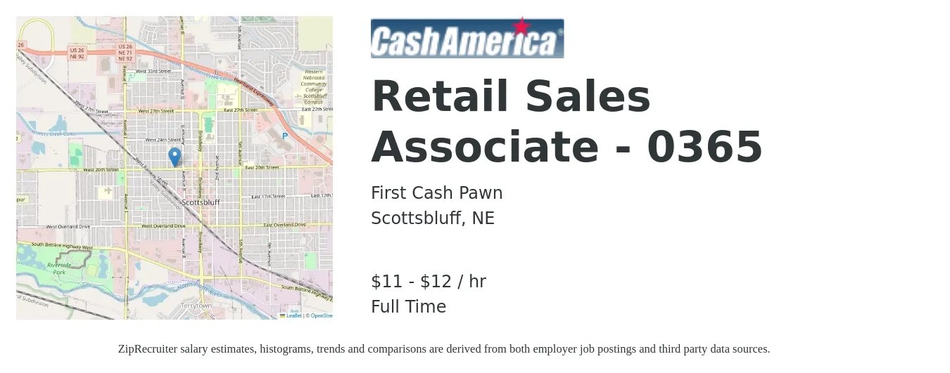 First Cash Pawn job posting for a Retail Sales Associate - 0365 in Scottsbluff, NE with a salary of $12 to $14 Hourly with a map of Scottsbluff location.