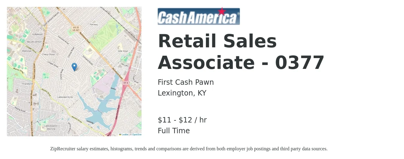 First Cash Pawn job posting for a Retail Sales Associate - 0377 in Lexington, KY with a salary of $12 to $14 Hourly with a map of Lexington location.