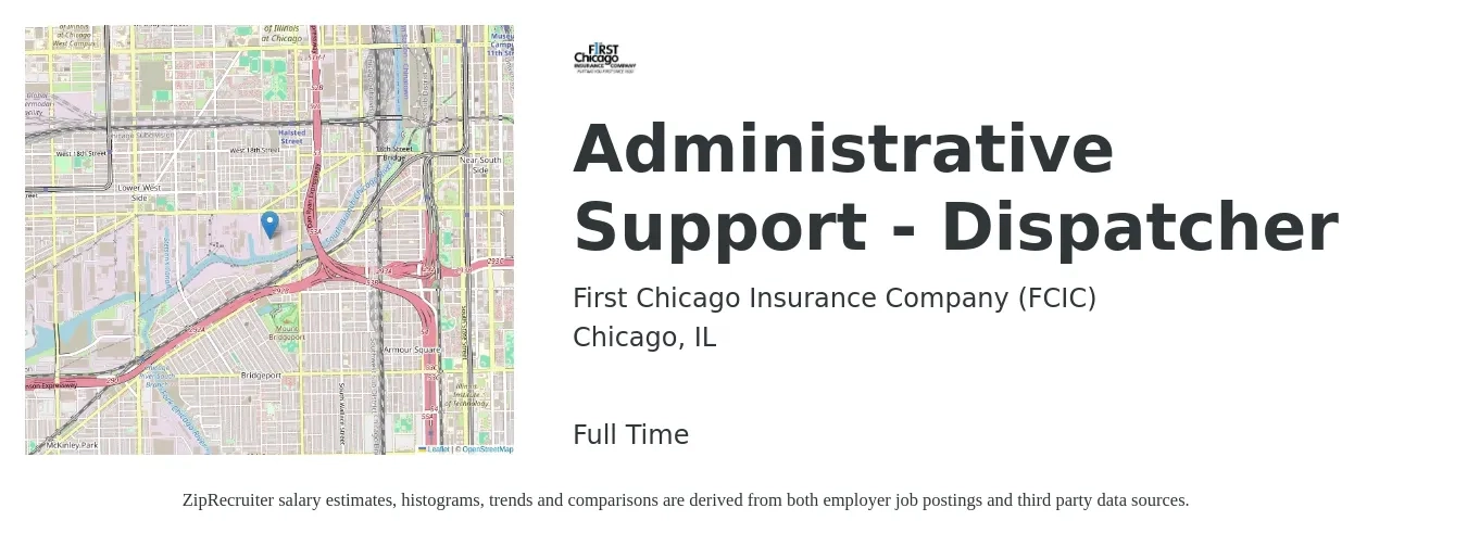 First Chicago Insurance Company (FCIC) job posting for a Administrative Support - Dispatcher in Chicago, IL with a salary of $20 to $25 Hourly with a map of Chicago location.