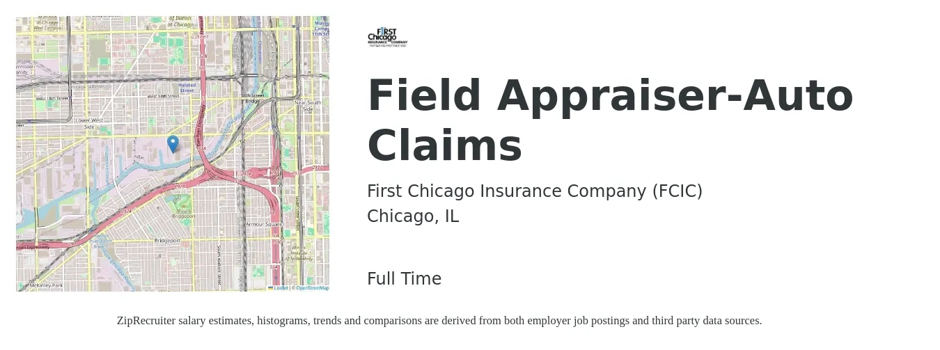 First Chicago Insurance Company (FCIC) job posting for a Field Appraiser-Auto Claims in Chicago, IL with a salary of $67,000 to $82,500 Yearly with a map of Chicago location.