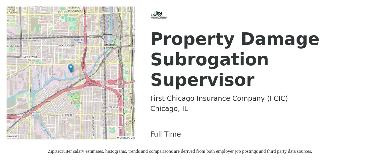 First Chicago Insurance Company (FCIC) job posting for a Property Damage Subrogation Supervisor in Chicago, IL with a salary of $59,300 to $89,200 Yearly with a map of Chicago location.