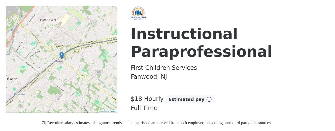 First Children Services job posting for a Instructional Paraprofessional in Fanwood, NJ with a salary of $20 Hourly with a map of Fanwood location.