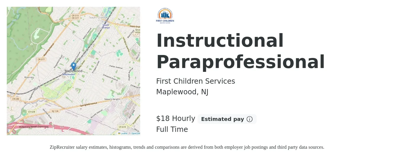 First Children Services job posting for a Instructional Paraprofessional in Maplewood, NJ with a salary of $20 Hourly with a map of Maplewood location.