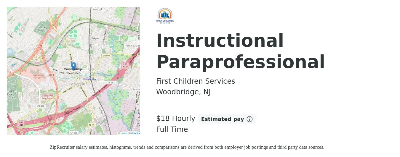 First Children Services job posting for a Instructional Paraprofessional in Woodbridge, NJ with a salary of $20 Hourly with a map of Woodbridge location.