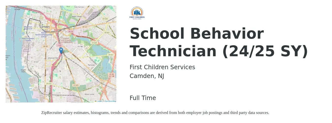 First Children Services job posting for a School Behavior Technician (24/25 SY) in Camden, NJ with a salary of $18 to $24 Hourly with a map of Camden location.