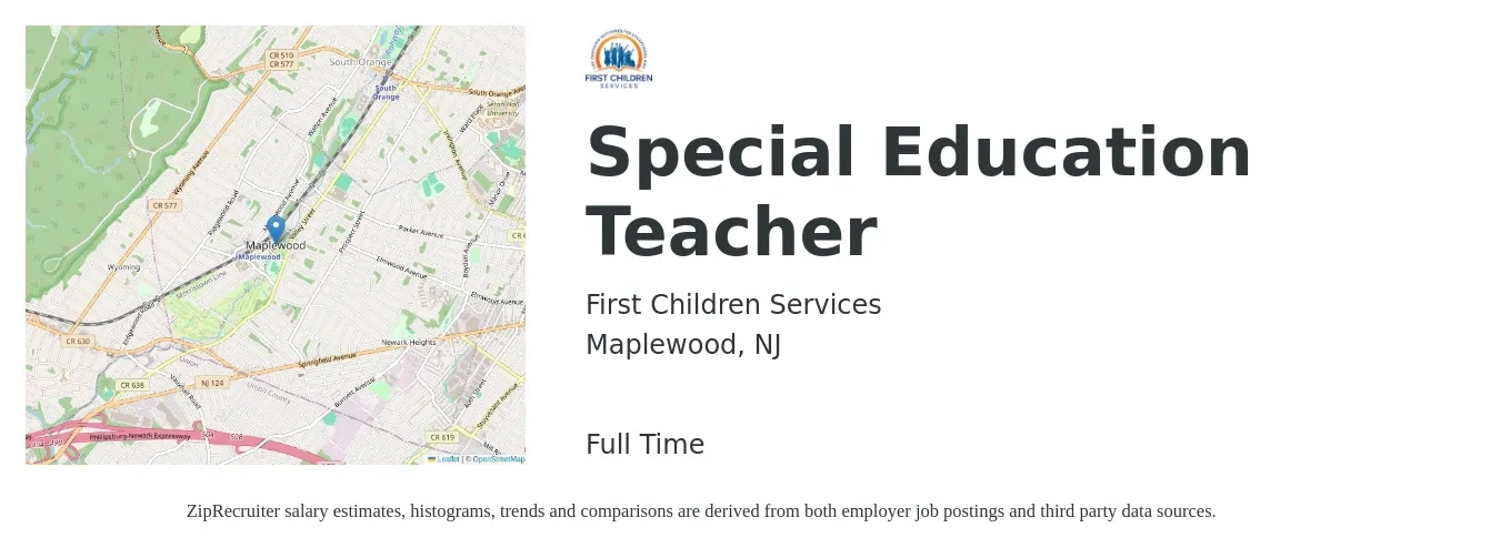 First Children Services job posting for a Special Education Teacher in Maplewood, NJ with a salary of $50,600 to $66,700 Yearly with a map of Maplewood location.