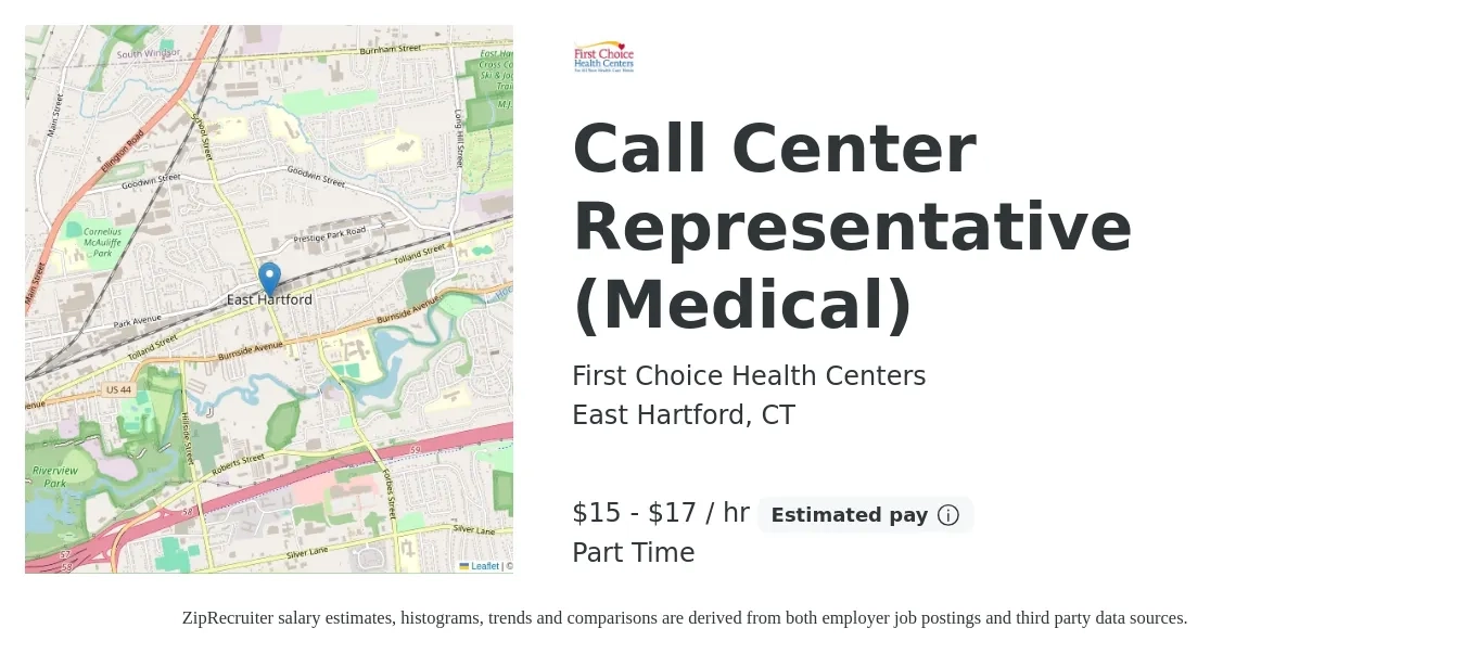 First Choice Health Centers job posting for a Call Center Representative (Medical) in East Hartford, CT with a salary of $16 to $18 Hourly with a map of East Hartford location.