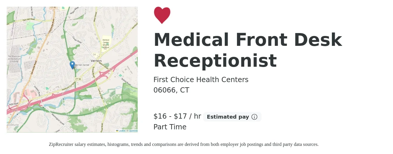 First Choice Health Centers job posting for a Medical Front Desk Receptionist in 06066, CT with a salary of $18 to $18 Hourly with a map of 06066 location.