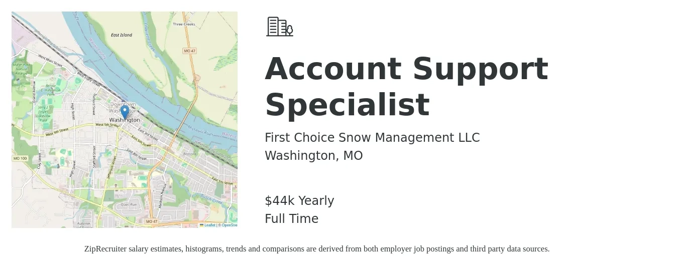 First Choice Snow Management LLC job posting for a Account Support Specialist in Washington, MO with a salary of $44,000 Yearly with a map of Washington location.