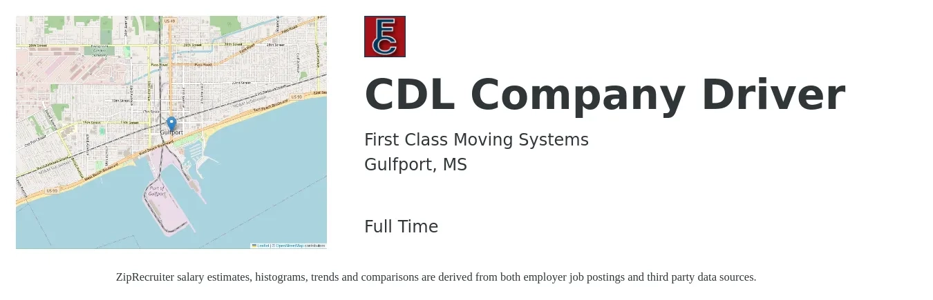 First Class Moving Systems job posting for a CDL Company Driver in Gulfport, MS with a salary of $18 to $22 Hourly with a map of Gulfport location.