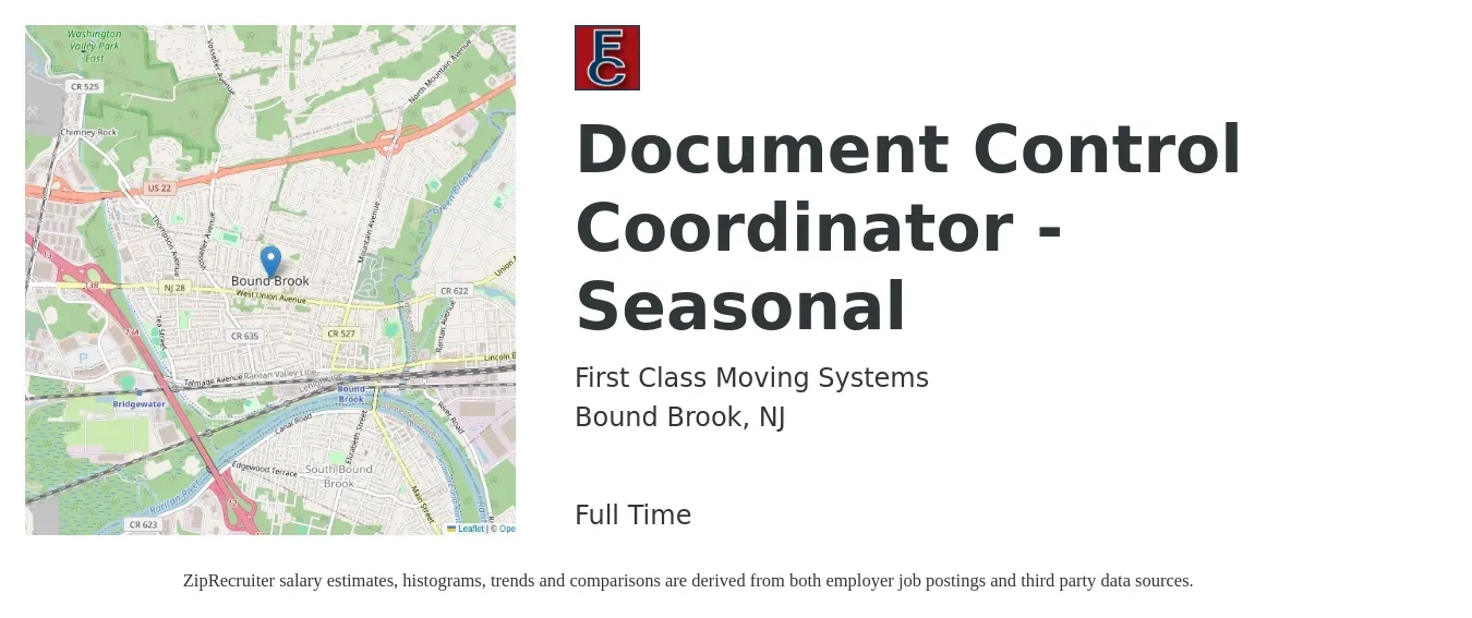 First Class Moving Systems job posting for a Document Control Coordinator - Seasonal in Bound Brook, NJ with a salary of $20 to $24 Hourly with a map of Bound Brook location.