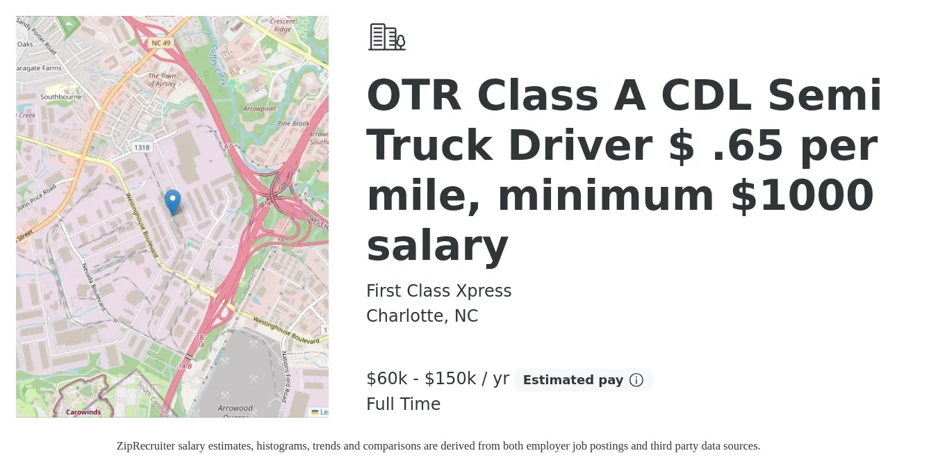 First Class Xpress job posting for a OTR Class A CDL Semi Truck Driver $ .65 per mile, minimum $1000 salary in Charlotte, NC with a salary of $60,000 to $150,000 Yearly with a map of Charlotte location.