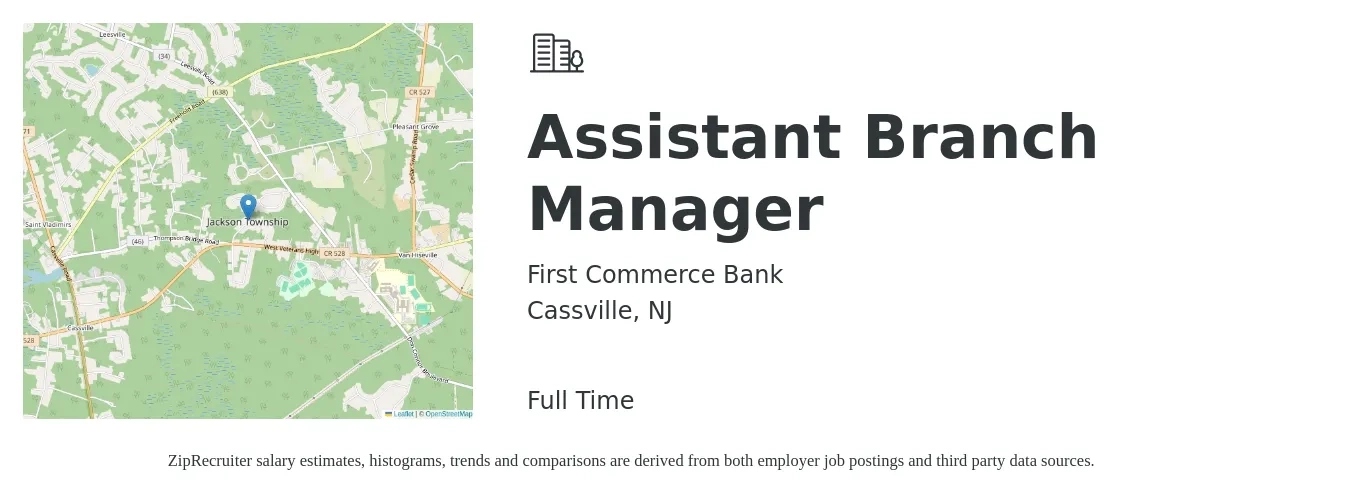 First Commerce Bank job posting for a Assistant Branch Manager in Cassville, NJ with a salary of $46,300 to $64,100 Yearly with a map of Cassville location.