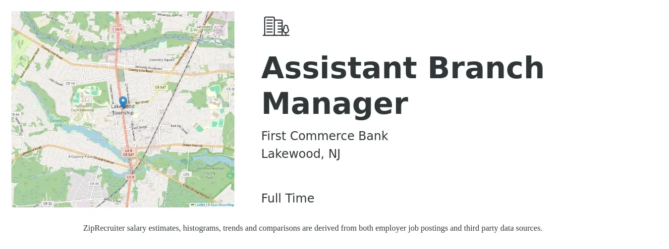 First Commerce Bank job posting for a Assistant Branch Manager in Lakewood, NJ with a salary of $44,800 to $62,100 Yearly with a map of Lakewood location.