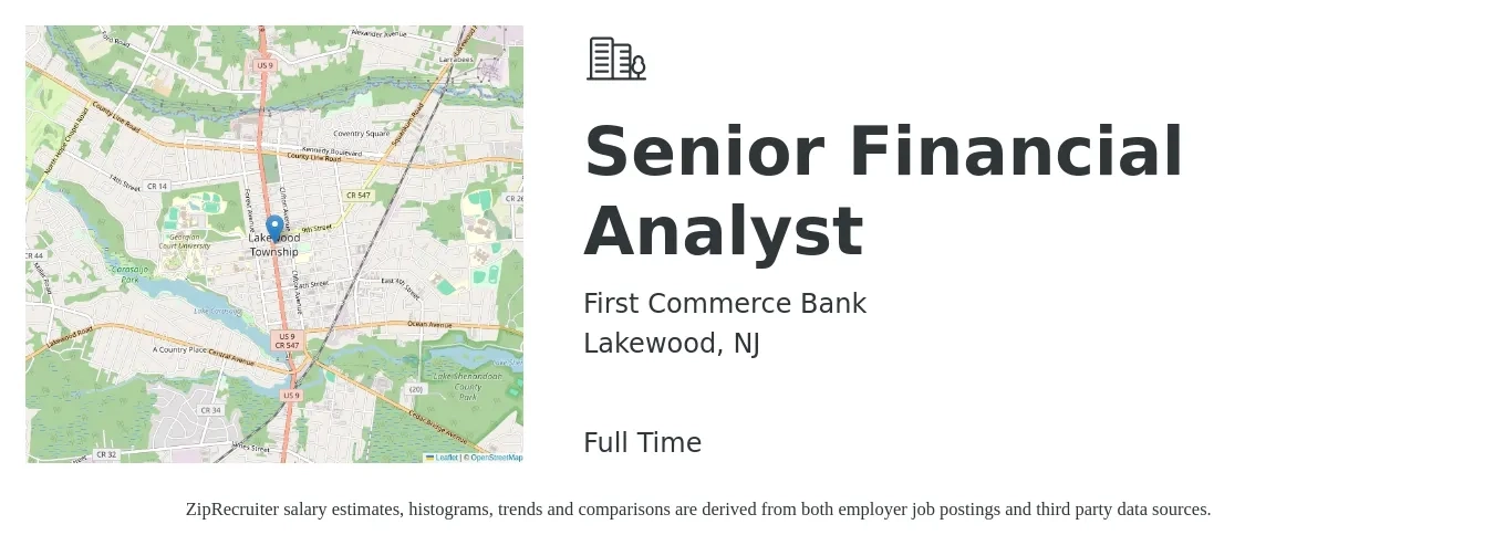 First Commerce Bank job posting for a Senior Financial Analyst in Lakewood, NJ with a salary of $84,300 to $105,000 Yearly with a map of Lakewood location.