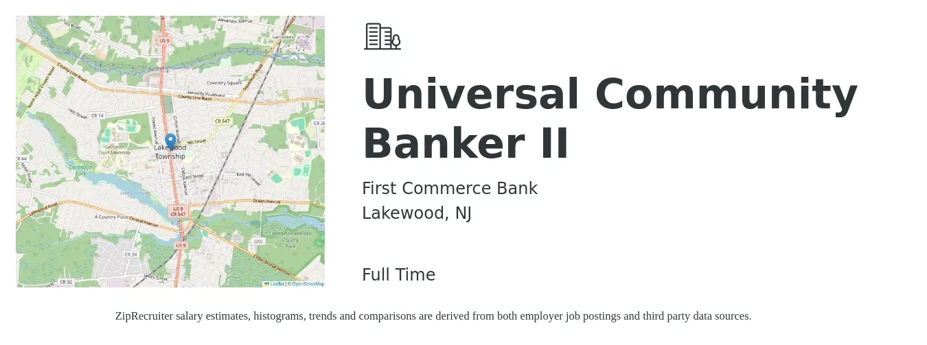 First Commerce Bank job posting for a Universal Community Banker II in Lakewood, NJ with a salary of $18 to $22 Hourly with a map of Lakewood location.