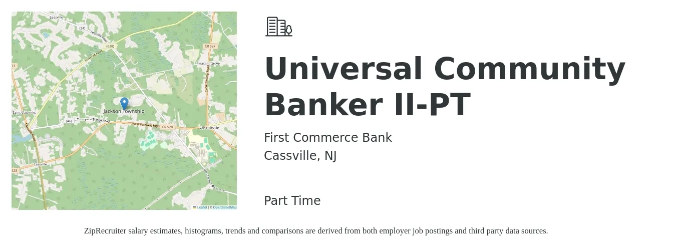 First Commerce Bank job posting for a Universal Community Banker II-PT in Cassville, NJ with a salary of $18 to $23 Hourly with a map of Cassville location.