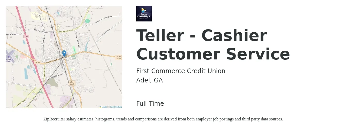 First Commerce Credit Union job posting for a Teller - Cashier Customer Service in Adel, GA with a salary of $14 to $17 Hourly with a map of Adel location.