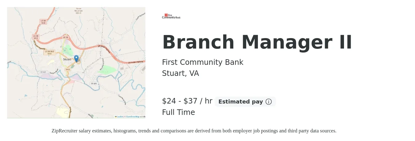 First Community Bank job posting for a Branch Manager II in Stuart, VA with a salary of $26 to $38 Hourly with a map of Stuart location.
