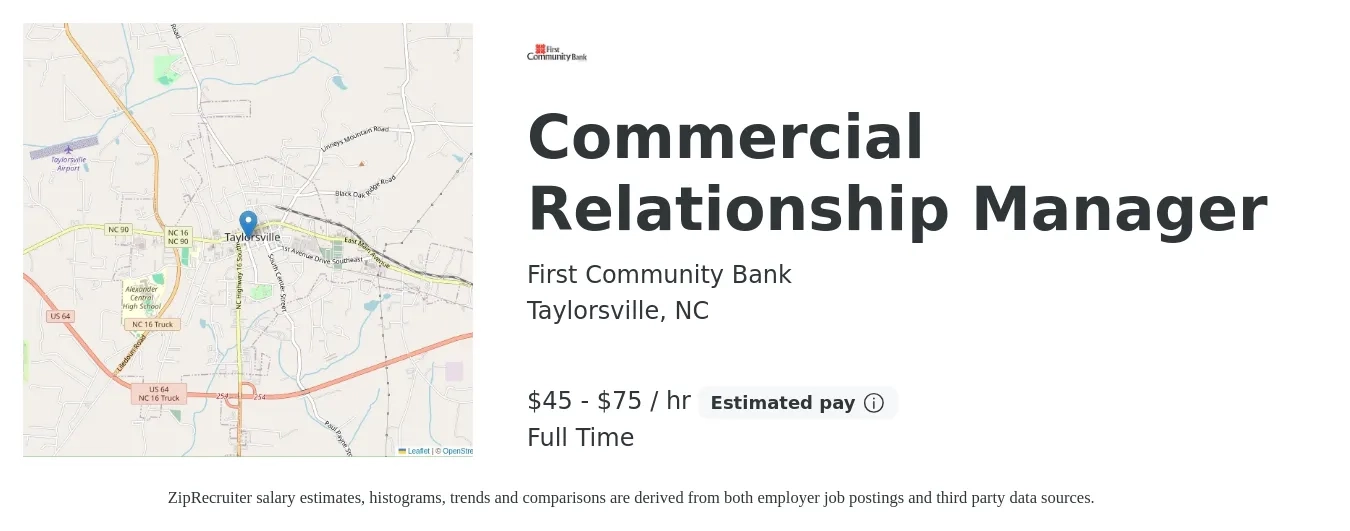 First Community Bank job posting for a Commercial Relationship Manager in Taylorsville, NC with a salary of $47 to $78 Hourly with a map of Taylorsville location.