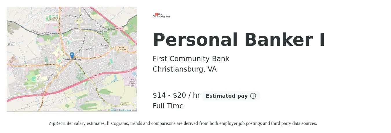 First Community Bank job posting for a Personal Banker I in Christiansburg, VA with a salary of $15 to $21 Hourly with a map of Christiansburg location.