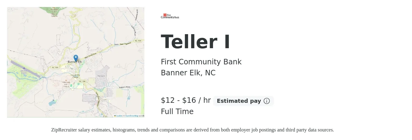 First Community Bank job posting for a Teller I in Banner Elk, NC with a salary of $13 to $17 Hourly with a map of Banner Elk location.