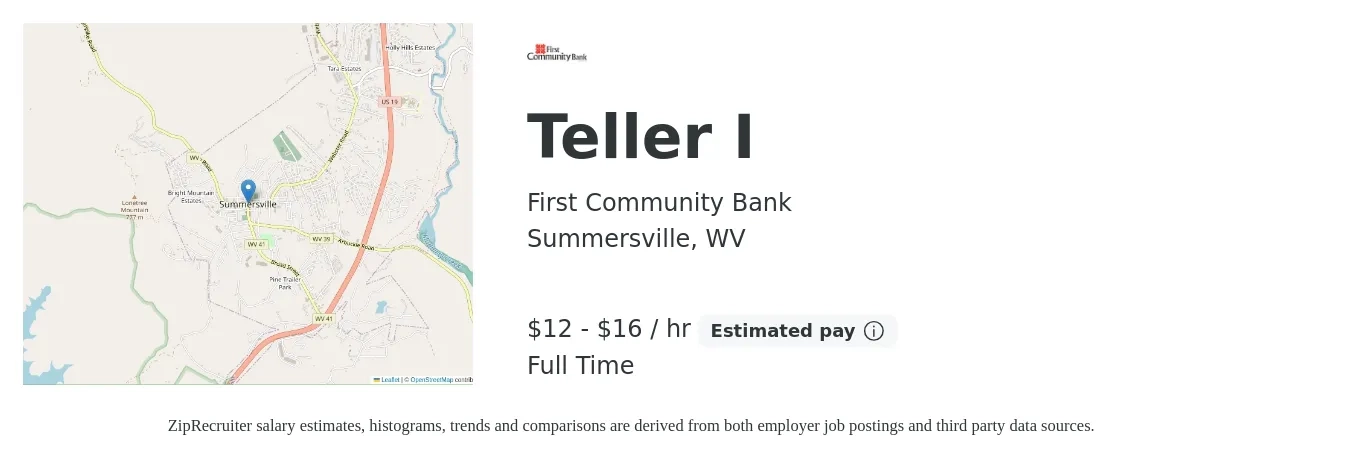First Community Bank job posting for a Teller I in Summersville, WV with a salary of $13 to $17 Hourly with a map of Summersville location.