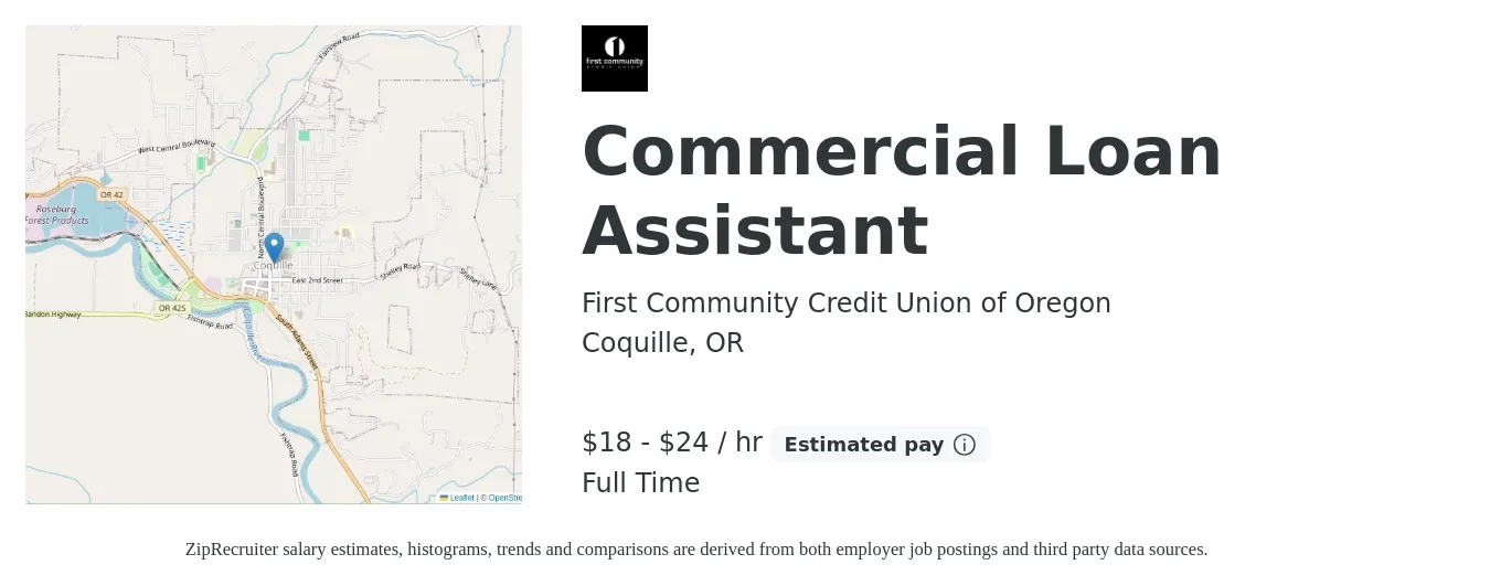 First Community Credit Union of Oregon job posting for a Commercial Loan Assistant in Coquille, OR with a salary of $19 to $25 Hourly with a map of Coquille location.