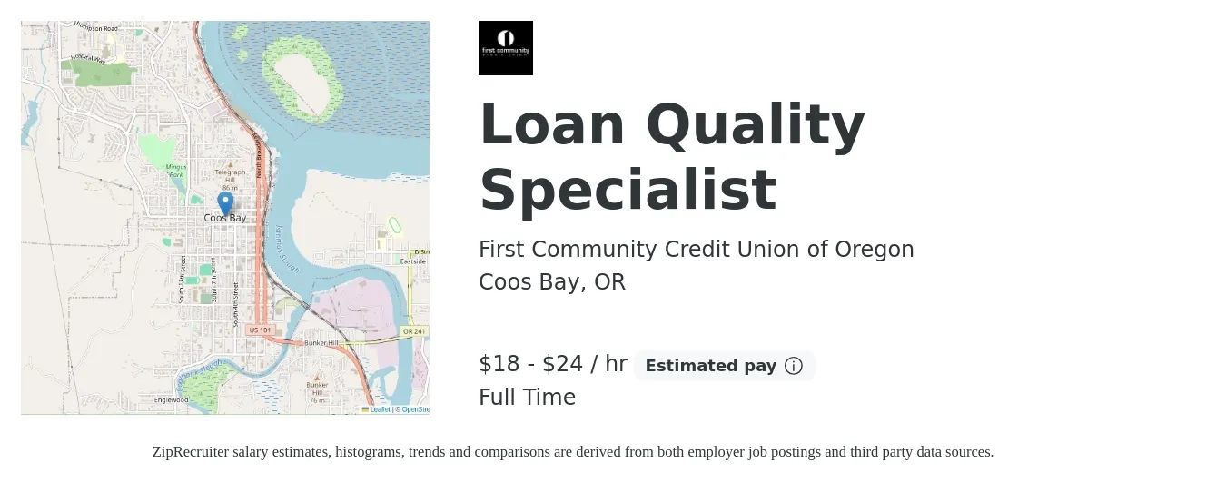First Community Credit Union of Oregon job posting for a Loan Quality Specialist in Coos Bay, OR with a salary of $19 to $25 Hourly with a map of Coos Bay location.