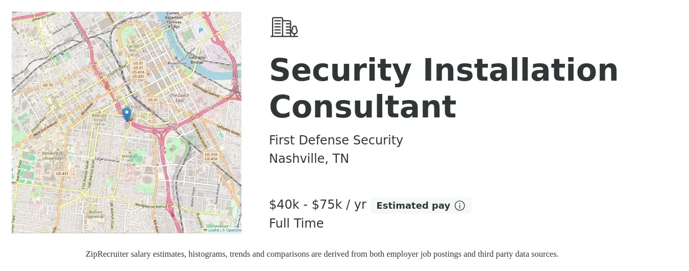 First Defense Security job posting for a Security Installation Consultant in Nashville, TN with a salary of $40,000 to $75,000 Yearly with a map of Nashville location.