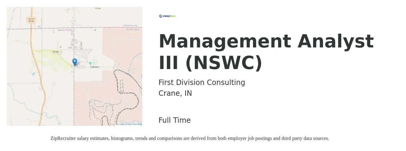 First Division Consulting job posting for a Management Analyst III (NSWC) in Crane, IN with a salary of $25 to $42 Hourly with a map of Crane location.