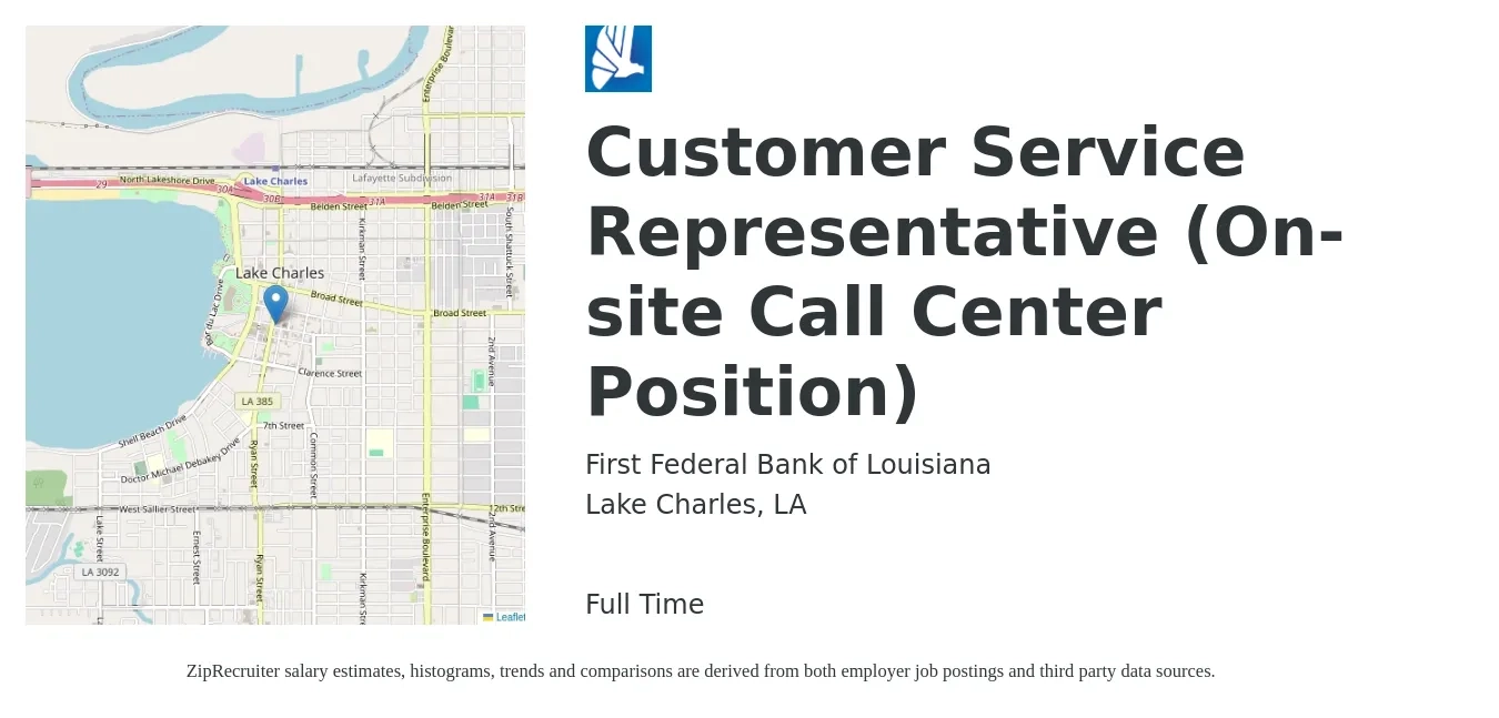 First Federal Bank of Louisiana job posting for a Customer Service Representative (On-site Call Center Position) in Lake Charles, LA with a salary of $14 to $18 Hourly with a map of Lake Charles location.