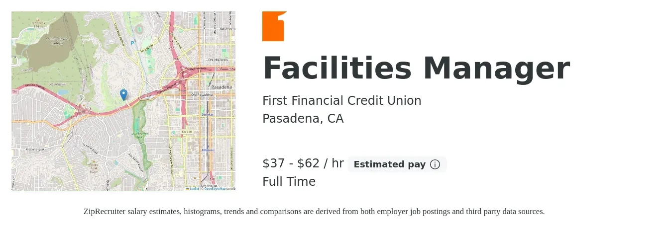 First Financial Credit Union job posting for a Facilities Manager in Pasadena, CA with a salary of $81,487 to $135,813 Yearly with a map of Pasadena location.