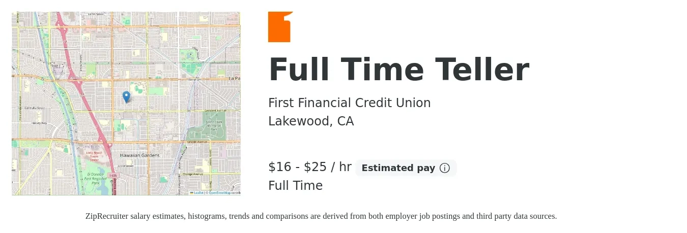 First Financial Credit Union job posting for a Full Time Teller in Lakewood, CA with a salary of $17 to $27 Hourly with a map of Lakewood location.