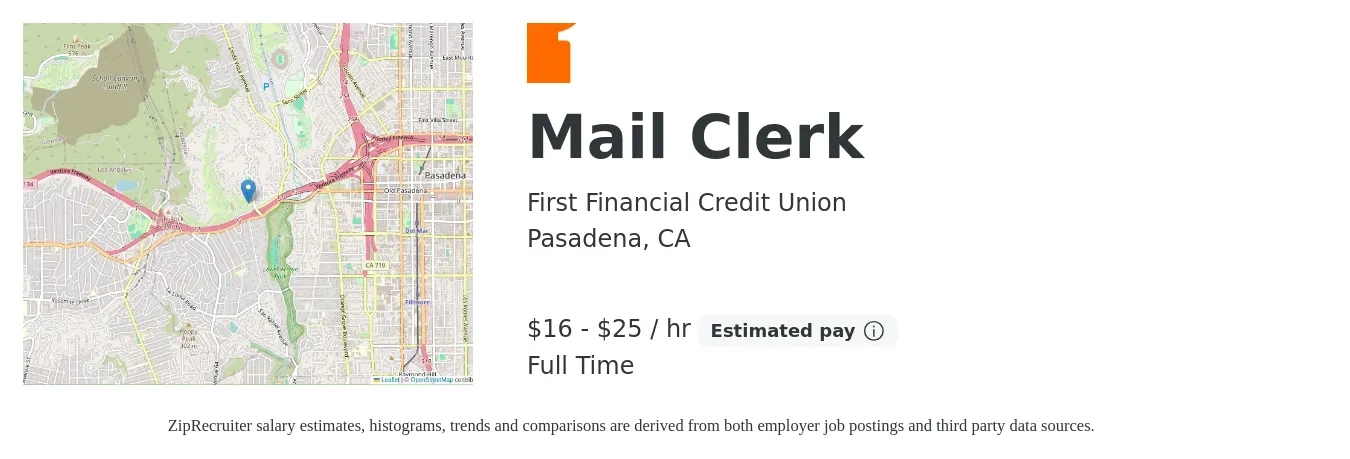 First Financial Credit Union job posting for a Mail Clerk in Pasadena, CA with a salary of $17 to $27 Hourly with a map of Pasadena location.