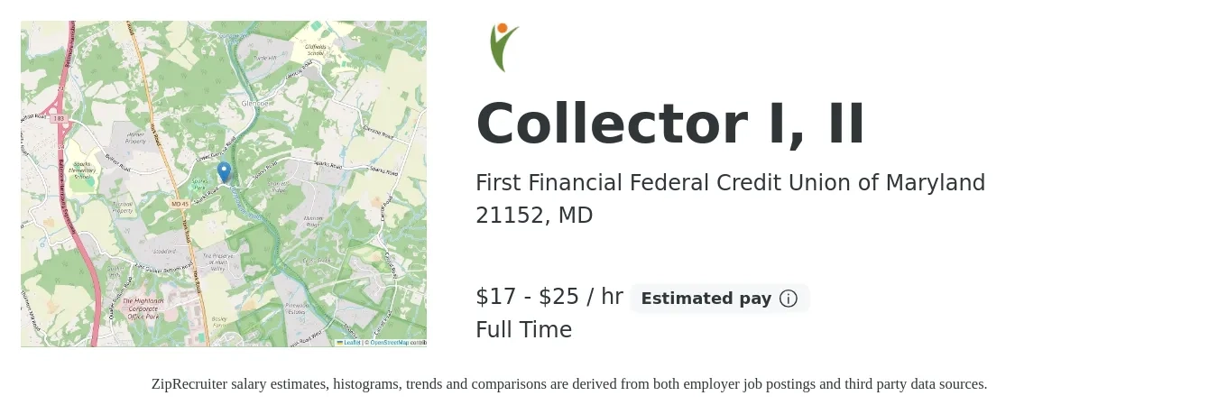 First Financial Federal Credit Union of Maryland job posting for a Collector I, II in 21152, MD with a salary of $18 to $26 Hourly with a map of 21152 location.