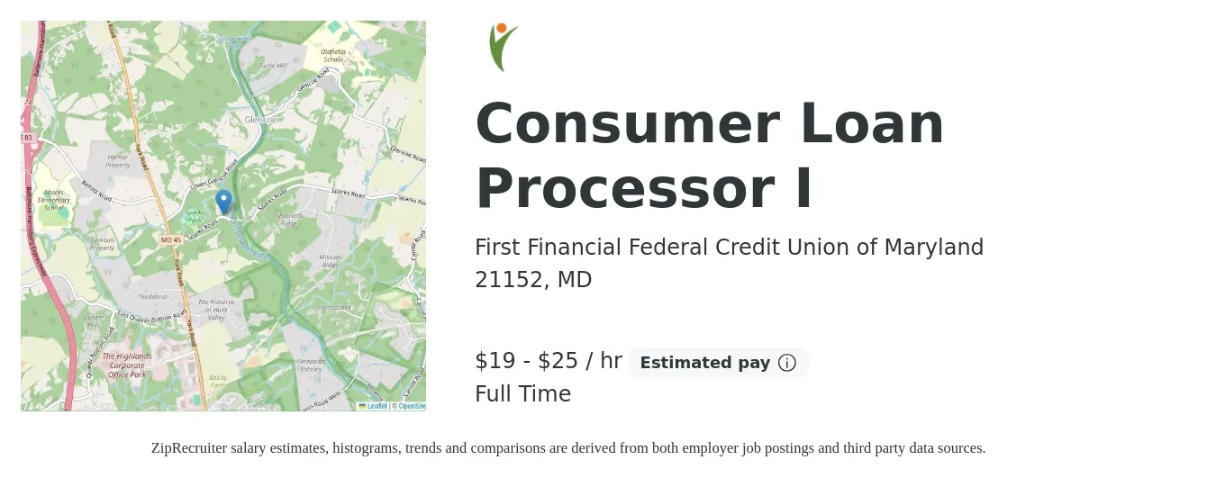 First Financial Federal Credit Union of Maryland job posting for a Consumer Loan Processor I in 21152, MD with a salary of $20 to $26 Hourly with a map of 21152 location.