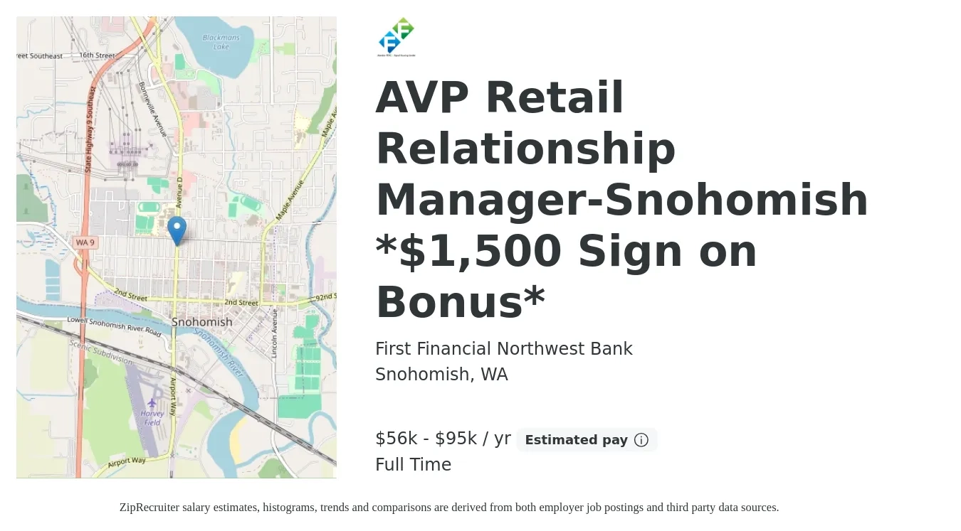First Financial Northwest Bank job posting for a AVP Retail Relationship Manager-Snohomish *$1,500 Sign on Bonus* in Snohomish, WA with a salary of $56,898 to $95,686 Yearly with a map of Snohomish location.